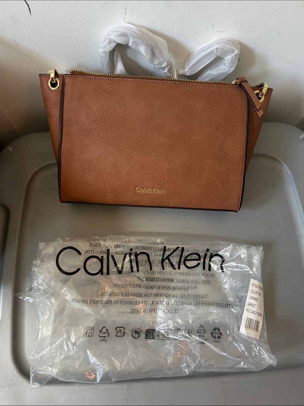 NEW Calvin Klein Cognac Caramel Leather Shoulder Bag with Gold Hardware